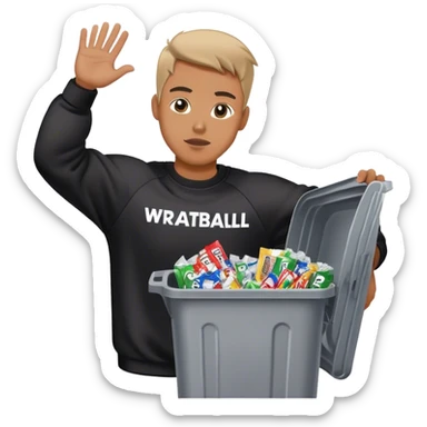 Man with black sweatshirt that says FOR THE HOBBY in white lettering throwing a trash can filled with wrappers from football trading cards sticker