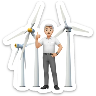 an older white man with grey hair and a white shirt and black pants doing a thumbs up pose, standing next to a single silver wind turbine sticker