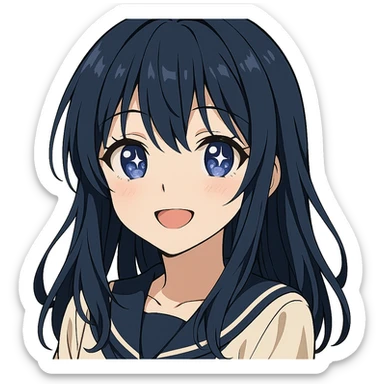 anime style girl with dark blue hair, stars in her eyes, violet-blue eyes, beautiful smile sticker