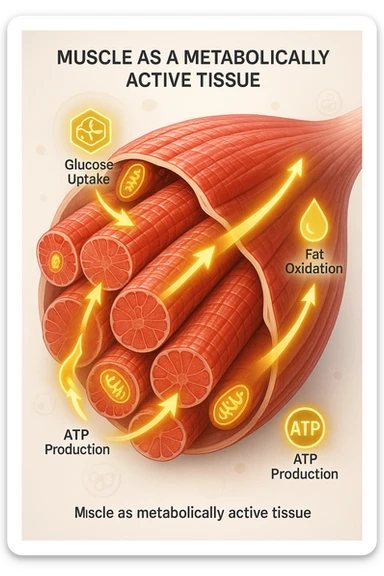 a highly detailed cross-section of human skeletal muscle fibers, shown in vibrant red and pink tones, with visible striations and realistic texture. Glowing arrows and animated icons represent active metabolic processes—such as glucose uptake, fat oxidation, and ATP production—occurring within the muscle tissue. Surrounding the muscle, floating symbols for mitochondria and energy highlight its metabolic activity. The background is clean and clinical, with subtle labels and infographics explaining that muscle is a metabolically active tissue. The overall style is modern, scientific, and visually engaging, suitable for educational or medical use. sticker