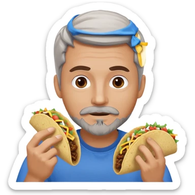 White man, blue eyes, brown gray hair, gray goatee, eating a taco sticker