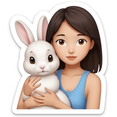 A young Asian woman with dark brown, almost Asian girl with dark brown hair, brown eyes, light Asian skin, add soft makeup and dress in tank top and hugging a one white rabbit with light brown spots, soft and warm atmosphere.
  sticker