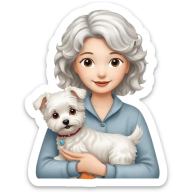 silver, short, wavy-haired with loose curls, smiling pretty lady holding westie dog and lhasa apso dog sticker