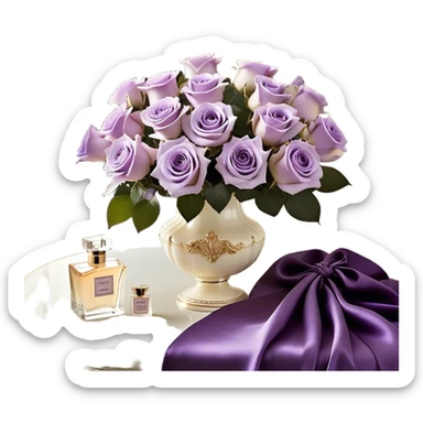 A luxurious bouquet of delicate light violet Ascott tea roses, carefully arranged in an elegant ivory porcelain vase, placed next to a deep purple satin fabric that drapes gracefully. A stunning lavender butterfly with intricate wing patterns rests gently on one of the roses. An exquisite ivory silk ribbon cascades across the scene, intertwining with a vintage-style perfume flacon in a pearlescent hue, adorned with an ornate golden atomizer, evoking timeless elegance sticker