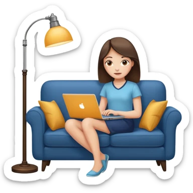 A girl is working with a laptop while lying on a sofa, with a floor lamp to the right. sticker