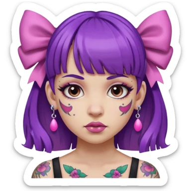 girl with bangs and purple hair and pink hairbow on the side of head and earrings and very heavy face tattoos sticker