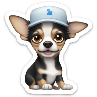 Chihuahua with long black hair being held by old man with blue eyes goatee wearing ball cap sticker