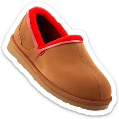 Chestnut brown suede slip-on slippers with a rounded toe, red zig-zag trim, a red heel pull tab, and a thick brown rubber sole. “UGG” logo embossed on the side. sticker