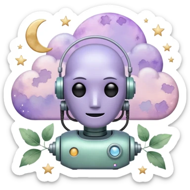 watercolor-style emoji of a robot head silhouette with “AI” inside a lilac cloud, connected to a soft circuit shape. gentle pastel palette (sage green, blush, lilac), surrounded by leaves, moon, and stars — poetic and calm aesthetic. sticker