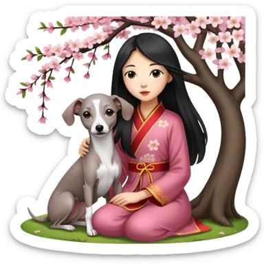 A young Chinese girl with long black hair and a dark grey Italian Greyhound with absolutely no white marks on its body or nose sitting under a cherry blossom tree sticker