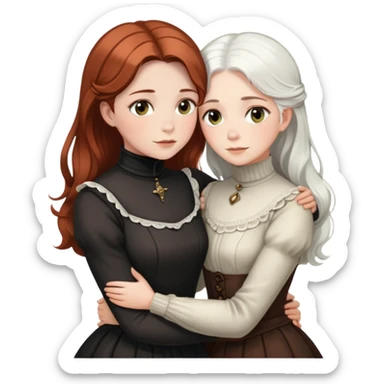 Two Victorian women with light eyes, one with white hair and one with dark copper hair, wearing Victorian turtleneck dresses, hugging each other closely sticker