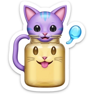 Smiling bottle of oil light purple top and light blue sticking tongue out and with cat ears sticker