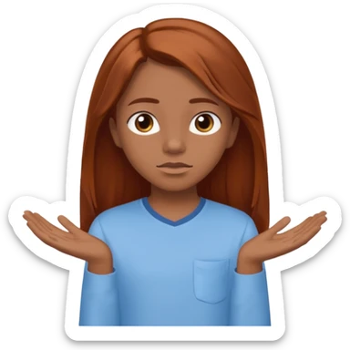 shrugging emoji brown eyed tween long auburn hair light blue shirt with a darker blue L sticker