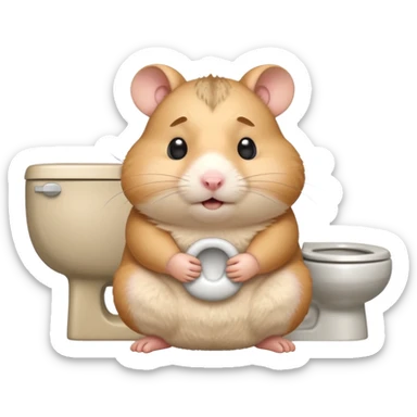 Cute chubby cartoon-style hamster sitting on toilet pooping looking as if he had an accident sticker