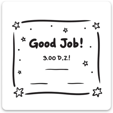 Certificate with decorative border, "Good Job!" text in the center, and stars scattered around the edges sticker