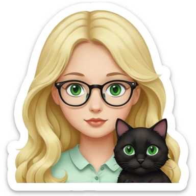 Blonde girl with glasses and long wavy hair holding a black cat with green eyes  sticker