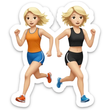 2 white women running holding hands one blonde one dark haired same direction sticker