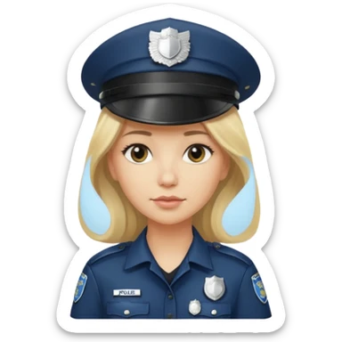 A blonde long hair woman wearing a dark police hat with a silver badge, looking straight ahead with a calm expression. sticker