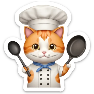 calico cat with a frying pan and chefs hat sticker