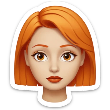 A person emoji with light skin, short orange hair swept to one side, matching orange eyebrows, brown eyes, an oval-shaped face, a small nose, and dark lipstick. sticker