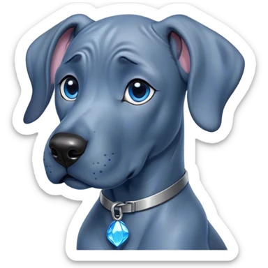 Cinematic Cute Blue Great Dane Portrait Emoji, Head tilted playfully and inquisitively, featuring a glossy blue Fur with a refined sheen, round, sparkling steel-blue eyes filled with curiosity, Simplified yet irresistibly adorable features, highly detailed, glowing with a warm, friendly glow, high shine, affectionate and gentle, stylized with a touch of whimsy, bright and endearing, soft glowing outline, capturing the essence of a mischievous yet loving pup, so playful it feels like it could lumber out of the screen and into your arms! sticker