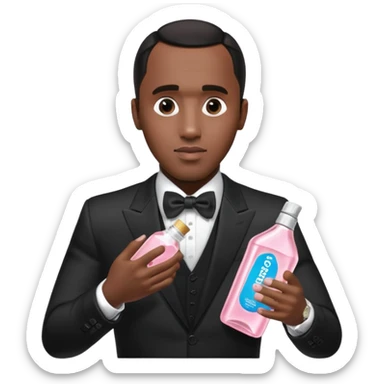 A realistic product shot of a transparent bottle of Johnson’s Baby Oil by Johnson & Johnson, featuring a soft pink label. The oil inside is crystal clear and glossy. Sean "Diddy" Combs in black suit is holding the bottle sticker