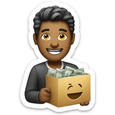 cheerful man with money working on a mac sticker