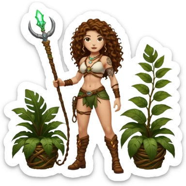 full body woman long curly brown hair brown eyes white skin tattoos muscular build jungle treasure hunter outfit, vine whip, glowing relic sticker