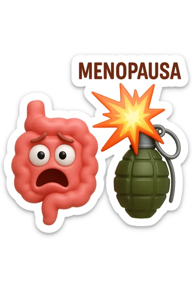 EMOJI STILE IPHONE 3D DI INTESTINO 3D CON ESPRESSIONE SPAVENTATA IN VOLTO MENTRE ACCANTO A LUI SCOPPIA UNA GRANATA 3D CON LA SCRITTA "MENOPAUSA" SOPRA, FAGLI ANCHE LA PARTE BIANCA DEGLI OCCHI, NON SOLO LA PUPILLA sticker