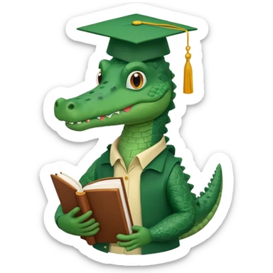 A claymation-style academic alligator with a book. The background is a solid white circle sticker