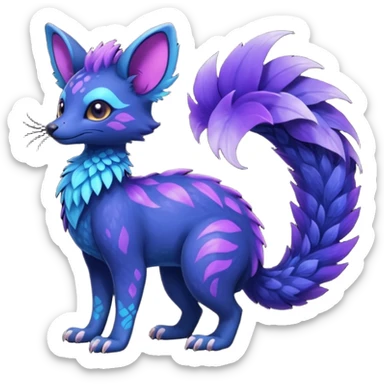 Feral Rare Fantasy shiny soft fuzzy furry vibrant tropical dark-indigo and neon-purple Vernid-Trico-species-creature by LiLaiRa, random markings, tufted tail, tufted ears, full body sticker