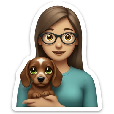 Two sisters, both with brown hair, one with glasses, and green eyes, and one with blue eyes. They both hold a mini sausage dog in their hands sticker