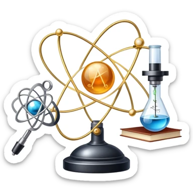 An icon featuring an atom, a physics book, and a pendulum, symbolizing physics. The design includes a microscope, a compass, and light rays, representing the study of energy, forces, and matter. Transparent background highlights scientific exploration and physical laws. sticker