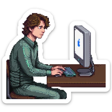 a man sitting at the table with an imac on it, a man sits in a very thoughtful pose sticker