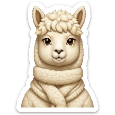 Cinematic Noble Cream Alpaca Portrait Emoji, Poised and regal, with a graceful, sturdy build and a luxuriously soft, well-groomed cream fleece, deep-set soulful gentle eyes, Simplified yet sharp and sophisticated features, highly detailed, glowing with a soft, dignified glow, high shine, intelligent and serene, stylized with an air of pastoral elegance, focused and attentive, soft glowing outline, capturing the essence of a watchful and confident companion, so majestic it feels as though it could stride out of the screen with effortless authority! sticker