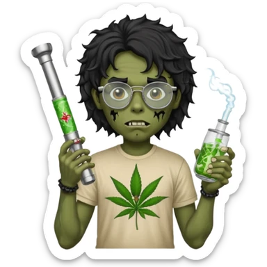 black wavy haired zombie getting stoned with weed t shirt and bong on his hand and wearing chrome hearts glasses sticker