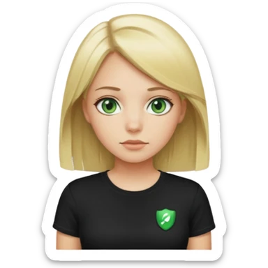 Girl with green eyes, blonde with straight medium length hair, and front buckles to the chin, in a black skims t-shirt sticker