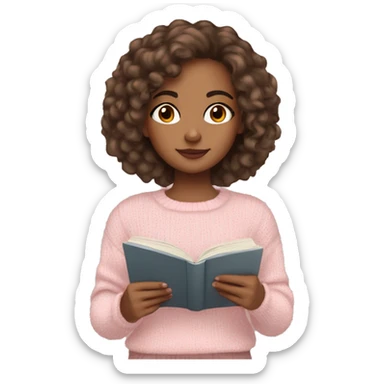 Pretty brown eyed mixed girl with light pink sweater reading cozy sticker