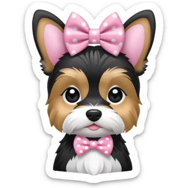 Biewer yorkie with straight ears, black and white color, pink white dotted bow between the ears sticker