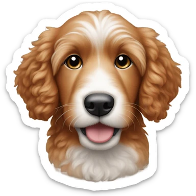 Red goldenoodle puppy with white tuft at tip of nose and white spot on top of head sticker