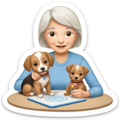 An elderly woman sketching her puppy on the spiral pad. sticker
