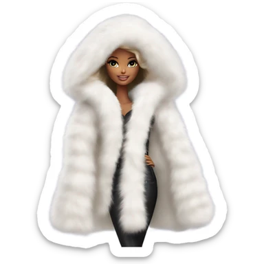 Barbie in an extremely big fluffy oversized white fur coat with hood on. The fur is real and it’s very obvious big and fluffy like in Pinterest  sticker