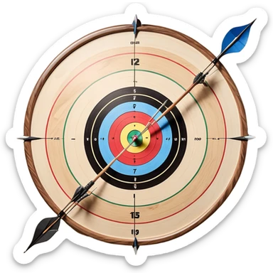 A professional recurve bow with an arrow nocked, ready to be released. The target features concentric rings, placed at a distance. The emphasis is on the bow, arrow, and target, highlighting the precision, focus, and skill involved in competitive archery. sticker