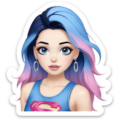 Large upper body-very excited-very-beautiful-face-white ripped cargo pants-light-pink-lips-very long-very-straight-dark-blue-ombre-hair-and-blue-eyes-thick-black-eyeliner-thick-long-eyelashes-sky-blue-superman-tank-top-with-glitter-and-silver-hoop-earrings sticker