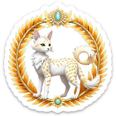 Epic complex fantasy glorious detailed futuristic divine godly angelic feathery sunny, white, albino, pastel, golden, orange glowing sparkly, realistic Fakémon-Sprigatito-Floragato-Meowscarada-Trico-Sergal-Serval-Solgaleo-Vernid-creature (full body) solarpunk, shiny sparkly with gold wreaths sticker