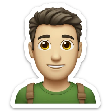 man with the following characteristics: Short, dark brown hair with a minimal quiff (a small upward tuft at the front). Dark green eyes. Friendly and approachable expression. sticker
