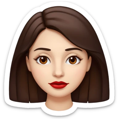 A woman emoji with fair skin, slightly wavy dark brown hair parted in the middle, an oval-shaped face, arched dark eyebrows, almond-shaped brown eyes, a small straight nose, and full lips with deep red lipstick. sticker