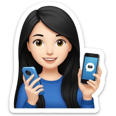 White influencer girl with black long haired, phone in hand, recording herself, confident, trendy, sticker