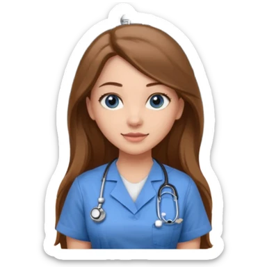 university classroom that says nursing school on the blackboard with a pretty female nursing student with long brown hair, blue eyes sticker