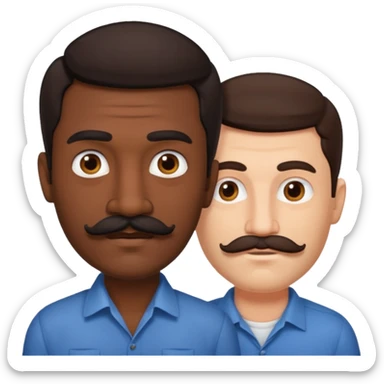 Gay couple. Tall dark indian man with mustache and shorter white man with dark brown hair and no mustache. sticker